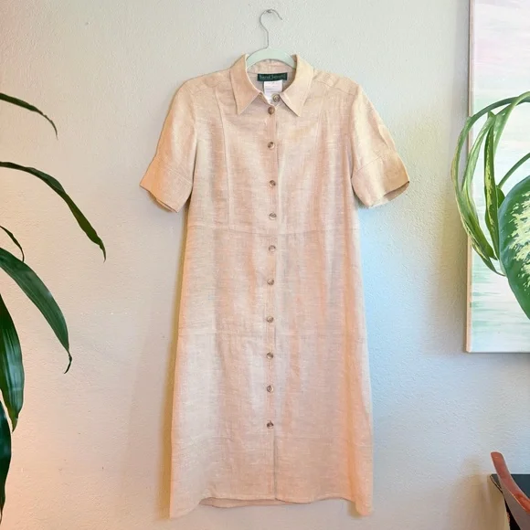 Harve Benard Linen Classic Vintage Preppy Minimalist Button Up Tan Shirt Dress M - Picture 1 of 9